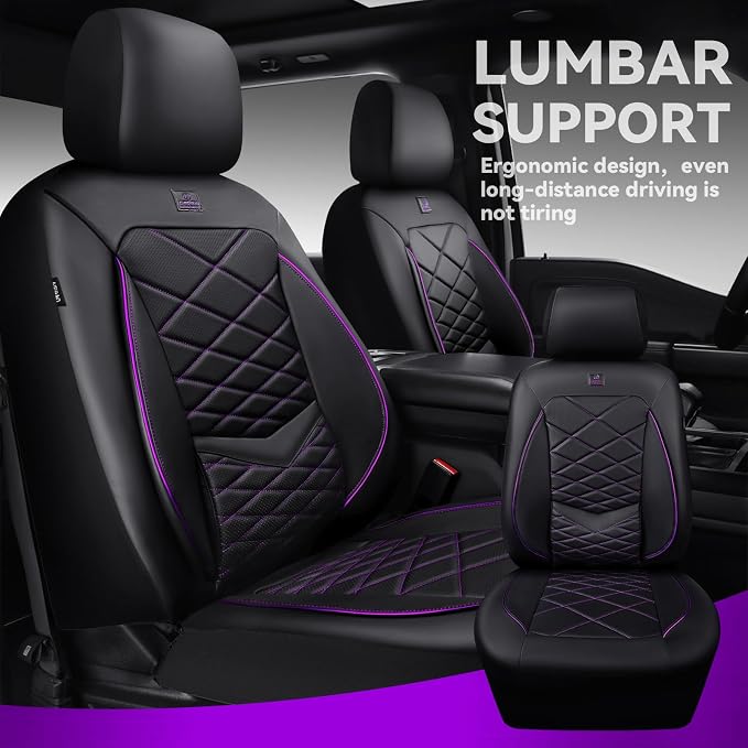 CAR PASS Luxury Nappa Leather Front Seat Covers, Water Resistant 3D Foam Seat Covers with Lumbar Support, Breathable Auto Seat Cover Airbag Compatible Universal Fit Sedan SUV Van Truck, Black Purple - Image 3