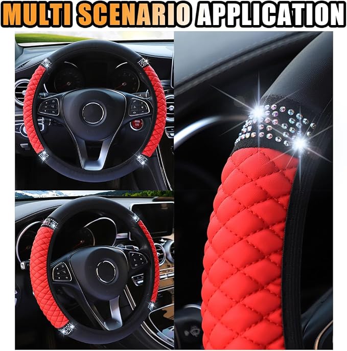 JOYCOURT 15 Inch Bling Soft Leather Car Steering Wheel Cover, Red | Colorful Rhinestones Design, Auto Elastic Protector for Women Girls, Crystal Diamond Car Accessories for Most Cars, SUVs - Image 6