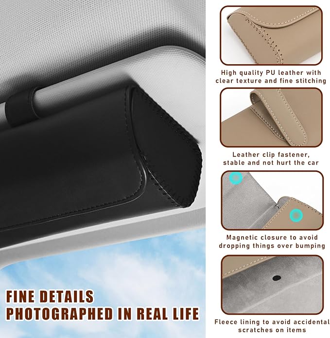 Augeny Sunglasses Holder for Car Sun Visor, Leather Auto Eyeglasses Storage Case with Hidden Magnetic Closure, Protective Glasses Organizer Box, Vehicle Visor Accessories for Woman Man (Black) - Image 3
