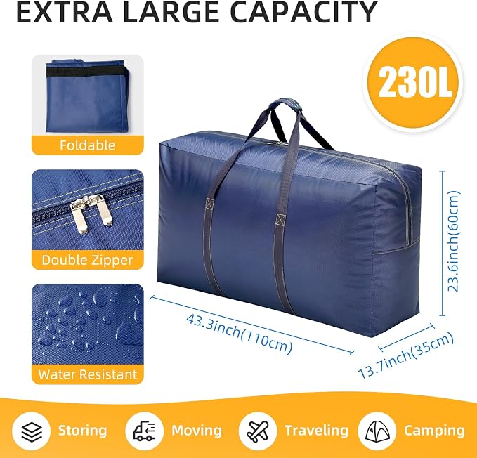 Extra Large travel duffel bag with Strong Handles, 230L Waterproof duffel bag, Durable Zippers, Extra Large Storage Totes for Space Saving and Moving Supplies, Blue - Image 2
