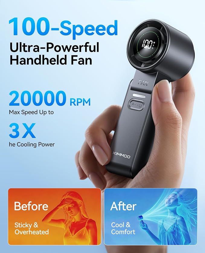 KIMMOO 2 Pack Black Portable Handheld Turbo Fan-100 Speeds, Powerful 20000 RPM, 12Hrs Cooling, USB Rechargeable Mini Hand Held Personal Fan for Travel Makeup Outdoor Indoor - Image 5
