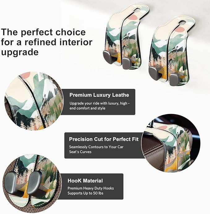 CoBak Purse Hook for Car - Universal Premium Stitched Leather and Aluminum-Magnesium Alloy Double Car Seat Back Storage Hook for Purses, Handbags, Bags (2 Pack),Mountain Calm - Image 3