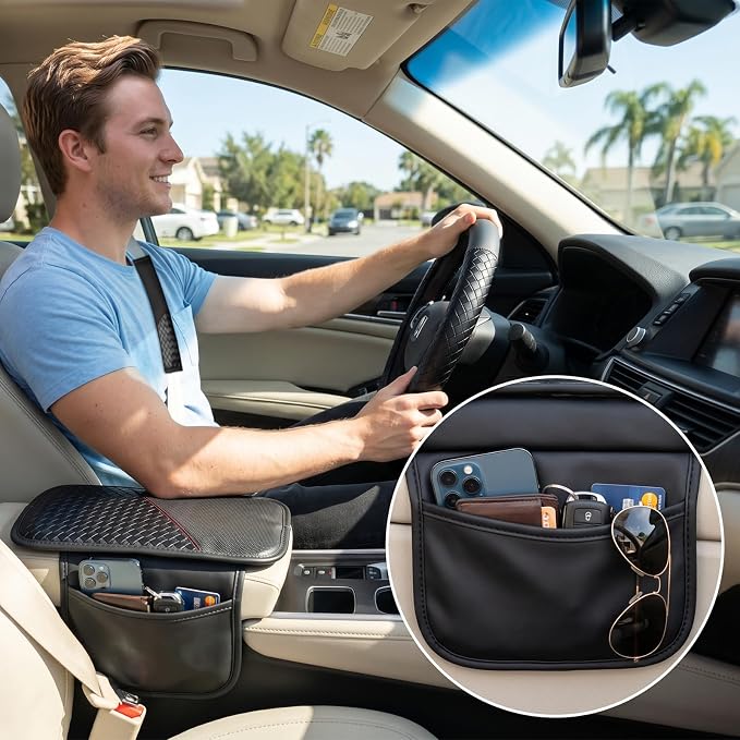 4 Pcs Black Leather Steering Wheel Cover Set - Center Console Armrest Pad, Seat Belt Shoulder Pads, Car Interior Accessories | Universal Fit 15 inch , Leather , Square Weave,with Side Storage Pockets - Image 2