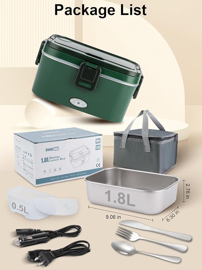 SOHIDA 1.8L Heated Lunch Box, 80W Electric Lunch Box with Long-handled Utensils for Adults, 12V/24V/110V Lonchera Eléctrica Portátil, Portable Food Warmer for Car/Truck/Office - Green - Image 7