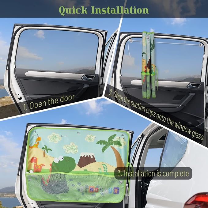 DIZA100 Car Window Shade for Baby, 2 Pack Car Sun Shades with Storage Pockets Car Window Curtain 7 Suction Cups Dinosaurs Pattern for Sun/Heat/UV Rays Protection - Image 6