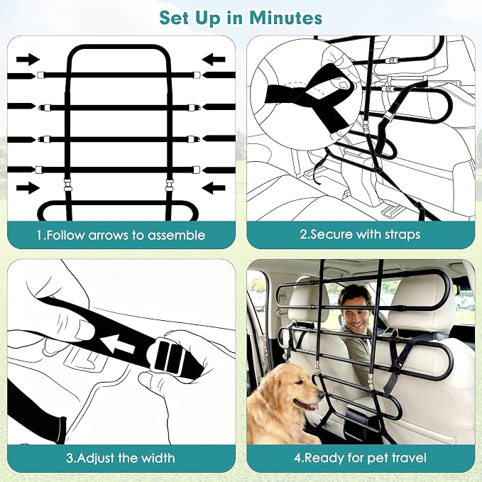 Snagle Paw Dog Car Barrier for SUV, Adjustable 40.5"-58.3" Dog Car Divider for Cargo Area and Backseat, Moves with Seats, Metal Pet Barrier for SUVs, Trucks, Sedans,with Tightening Nylon Straps, Black | Adjustable width - Image 6
