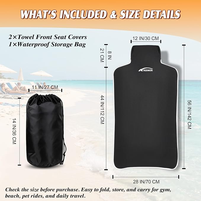 2 Pack Towel Car Seat Covers, Waterproof Washable Front Seat Protectors with Soft Terry Cloth, Non-Slip Backing, Universal Fit for Cars SUVs Trucks,Gym,Beach,Pets, Kids,Road Trips (Black) - Image 3