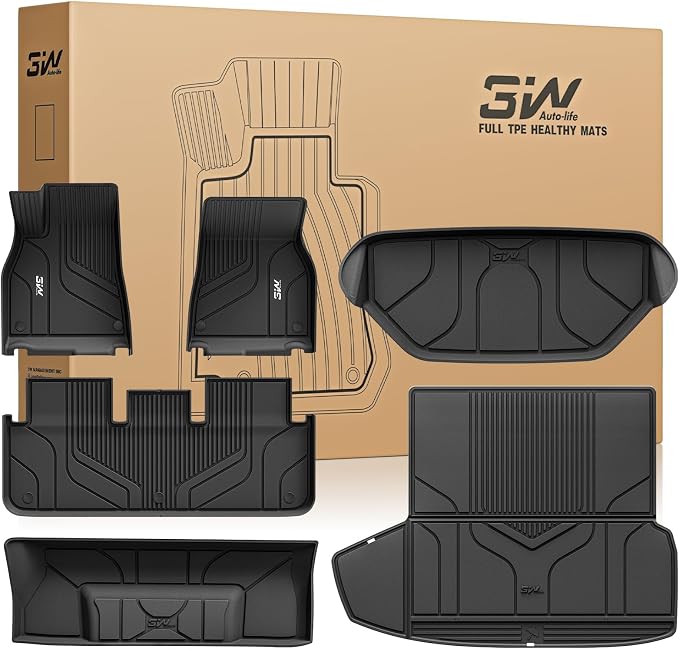 3W Floor Mats & Cargo Liner Fit for Tesla Model S 2021-2025 | All Weather TPE Custom Fit Floor Liners for 1-3 Rows and Trunk Full Set Car Mats, Model S Accessories, Black by 3W
