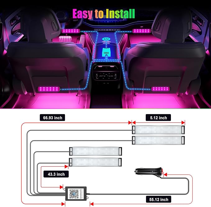 LED Car Lights Interior Footwell Lighting for Trucks Inside Decoration | Lights for Car Accessories with APP Control Music Sync Multicolor Cigarette Lighter DC 12V - Image 2