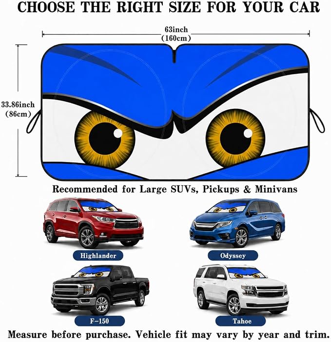 Car Windshield Sun Shade, Universal Fit Full-Size SUV Pickup, Monster Blue | 63 x 33.86" Large Foldable Windshield Cover, Foldable Front Window Sunshade, UV Heat Blocker, Cute Eyes Series - Image 5