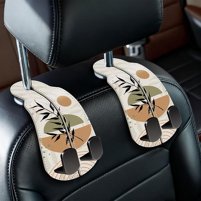 Blusabaca 2PCS Car Seat Headrest Hooks, Purses Bags Holder, Boho Leaves | PU Leather, Double Metal Back Storage Hangers for Grocery Bags Handbags Bottles Coats Phones, Car Accessories Organization by Blusabaca