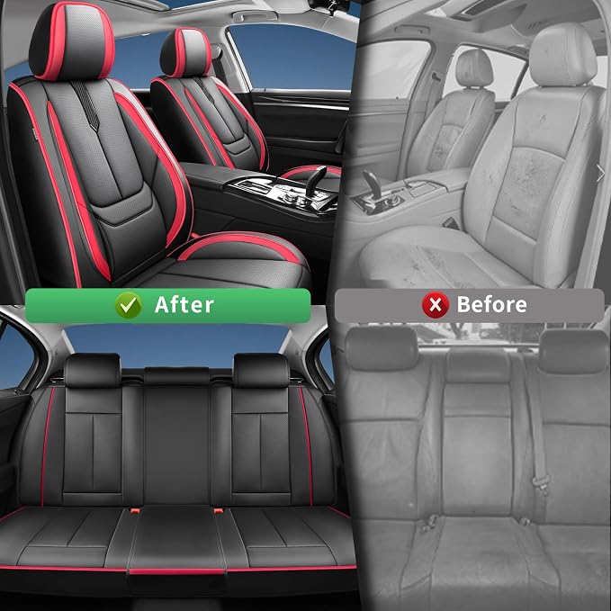 Fit Ariya Car Seat Covers for Nissan Ariya 2023 2024 2025 2026 -Upgraded Premium Waterproof & Breathable Leather,Airbag Compatible,All-Weather Seat Cushion Protector,Full Set,Black-Red - Image 4