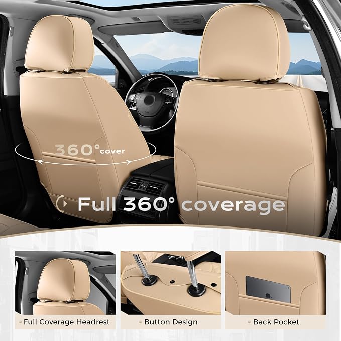 Coverado Full Set Leather Car Seat Covers, Waterproof Faux Leather Seat Covers, Beige Car Seat Protectors, 5 Seats, Universal Fit for Most Cars & SUVs-Beige - Image 4
