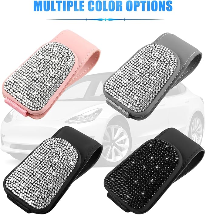 HZEL Bling Sunglass Holder for Car Sun Visor, Magnetic Leather Crystal Rhinestones Vehicle Eyeglasses Visor Clip, Diamond Automotive Glasses Hanger Mount, Universal for SUV RV Truck (Pink/White) - Image 6