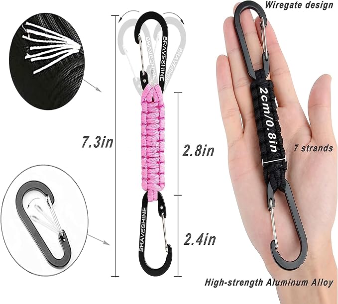 BRAVESHINE Paracord Keychain Carabiner Clip | D Ring Hanger Lanyard Hook | 7.3inch Long | for Stroller, Water Bottle, Key, Backpacks, Men, Women, Luggage, Car Seat Headrest, Fence, Bag Charms - Image 2