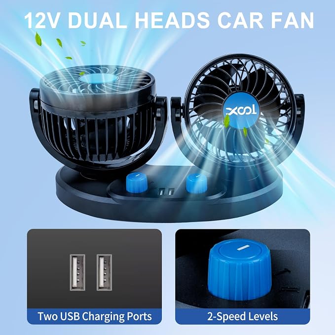 XOOL Car Fan – Car Cooling Fan with 2 USB Charging Ports, Quiet Strong Airflow, Cigarette Lighter Plug, Fan for Car, Vehicles, RVs, and SUVs - Image 5