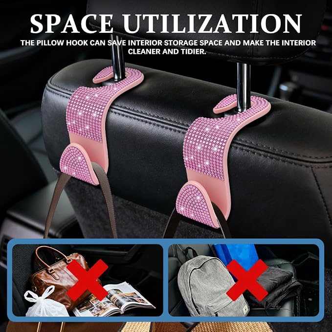 4PCS Bling Car Seat Headrest Hooks, Purse Holder for Car, Vehicle Back Seat Purse Handbag Hanging Holder with Crystal Rhinestone, Diamond Car Rear Seat Organizer for Vehicles (Pink) - Image 5