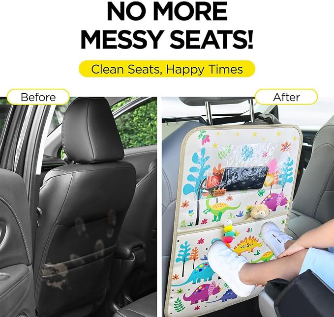 kids Leather Car Backseat Organizer with Foldable Table Tray, Car Storage Organizer with Tablet Holder, Car Seat Back Protectors Kick Mats, Travel Accessories (Dinosaur) - Image 6