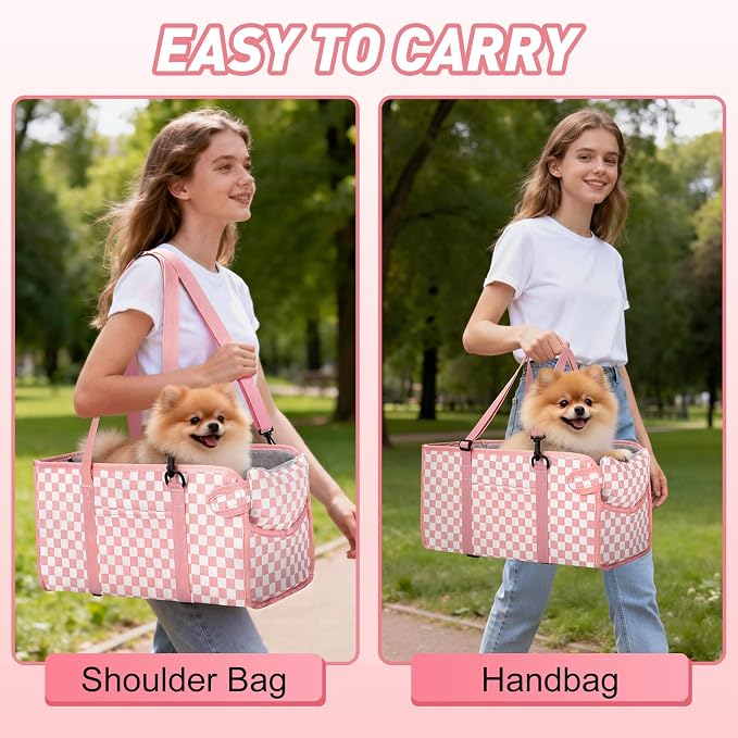 Console Dog Car Seat for Small Dogs, Foldable Booster Seat, Pink Checkered | Portable Booster Seat Sits On Car Console/ Armrest. Foldable for Easy Storage. for Center Console, Easy To Clean. - Image 7