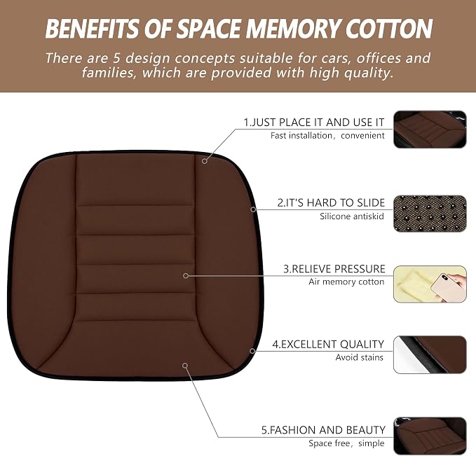 MYFAMIREA Car Seat Cushion Pad 1.2" Thick Comfort Protector for Car Driver Seat Office Chair Home Use Memory Foam Cushion with Non Slip Bottom, 20'' x 18.5'', Coffee - Image 2