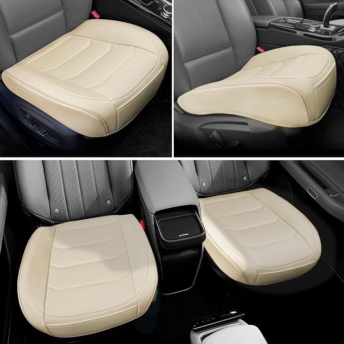 BOPUOVRE Car Seat Cover for Luxury & Comfort PU Leather | Anti Slip Full Wrap Protection Storage Pocket Cushion Universal Fit 95% Vehicles Yellowish White 1 Piece - Image 4
