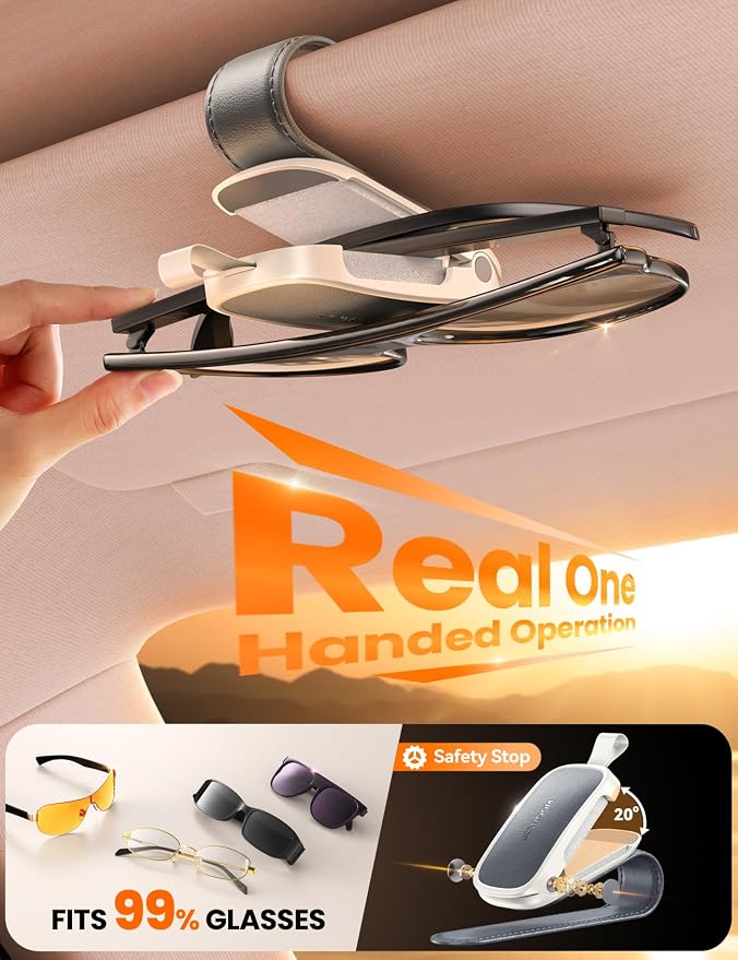 JOYROOM Magnetic Leather Sunglass Holder for Car Visor - Gray | One hand magnetic glasses holder for car visor clip, Soft leather lining protects frames, fits all auto sunglasses. - Image 2