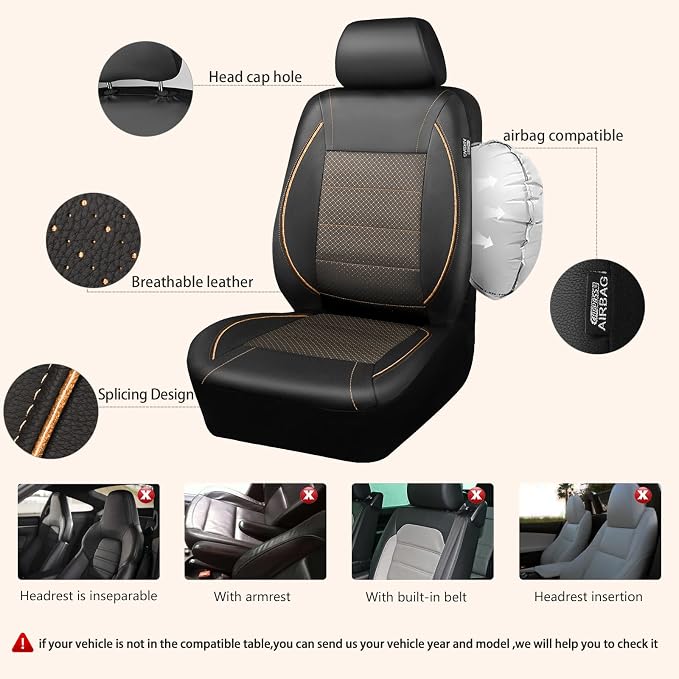 CAR PASS Piping PU Leather Car Seat Cover Full Set,Inside Zipper Design and Reserved Opening Holes,Airbag Compatible,Universal FIT for Car, SUVs,Van,Small Trucks（Full Set, Black & Gold） - Image 5