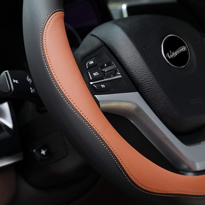 Microfiber Leather Steering Wheel Cover Large-Size for F150 F250 F350 Ram 4Runner Tacoma Tundra Range Rover Model S X with 15 1/2 inches-16 inches Outer Diameter (Brown) - Image 2
