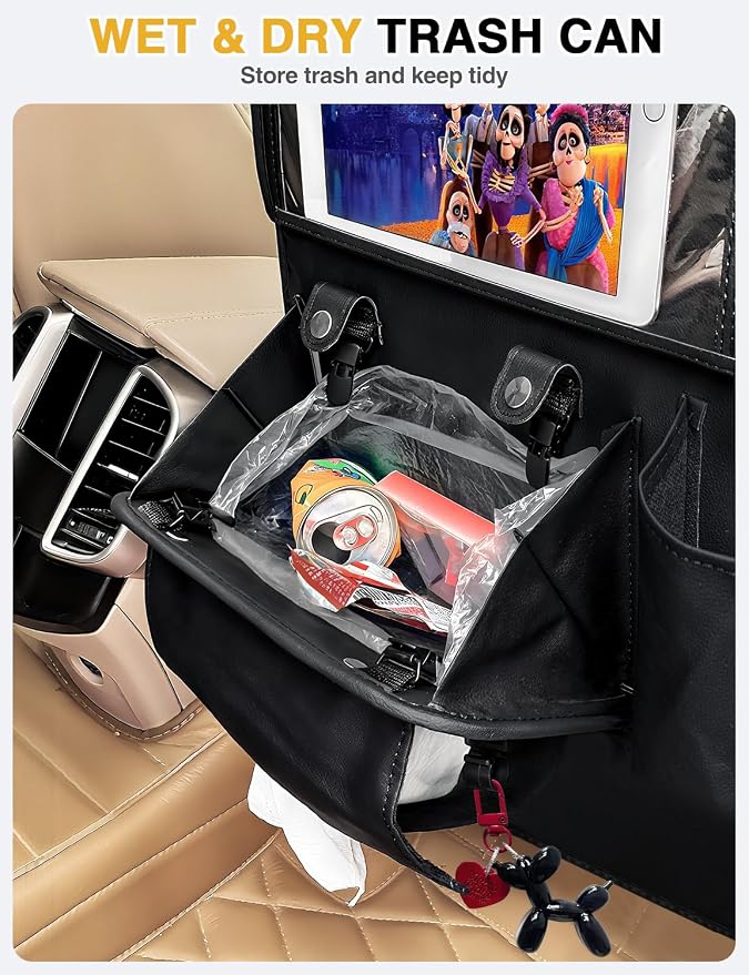 2-Pack Leather Car Backseat Organizer with Tablet Holder–Foldable Food Tray,Storage Pockets,Trash Can,Tissue Holder & Insulated Bag–Kick Mats Protector for Kids,Travel Accessories Organizer - Image 4