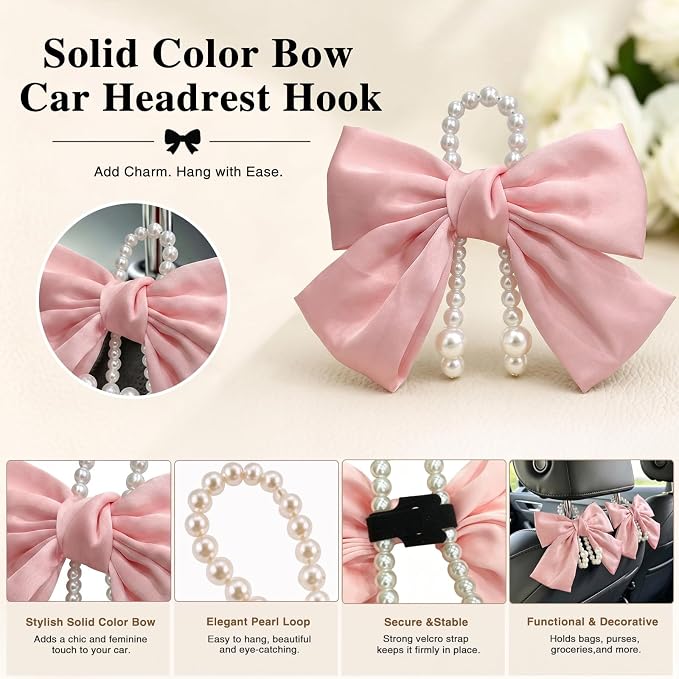 2 Pack Pearl Car Seat Headrest Hook with Bow & Sequin/Leopard/Polka Dot Design – Cute Purse Hanger for Vehicle,Grocery Bags, Umbrellas, Seat Back Organizer for Women (Pink) - Image 5