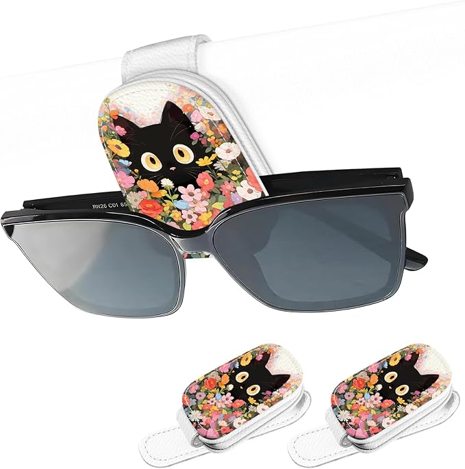 2 Pack Magnetic Leather Sunglass Holder, Universal Magnetic Car Eyeglass Hanger Clip for Different Size Eyeglasses, Car Visor Accessories (Flower Cat) by Unknown