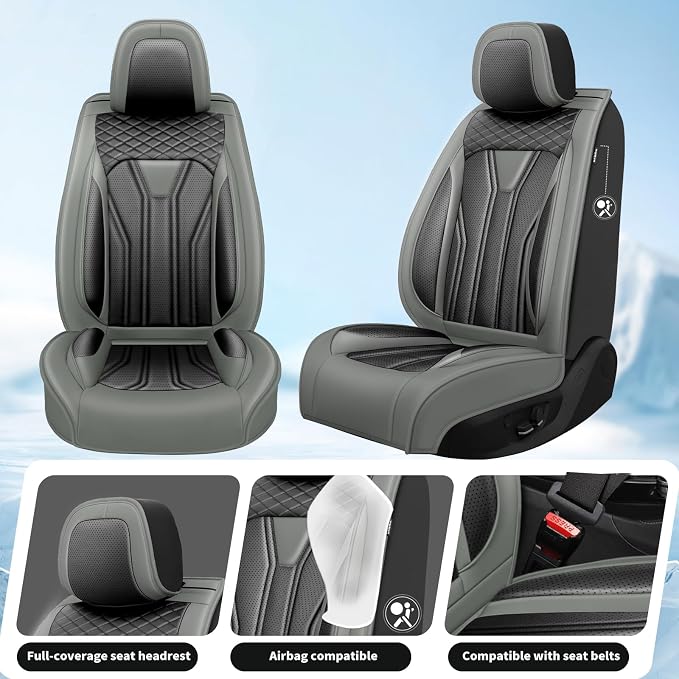 Fit Versa Car Seat Covers Premium Leather for Nissan Versa 2009-2025 2026. Waterproof， Breathable, Scratch-Resistant & All-Weather Seat Cushion Protector（Full Set,Gray&Black - Image 2