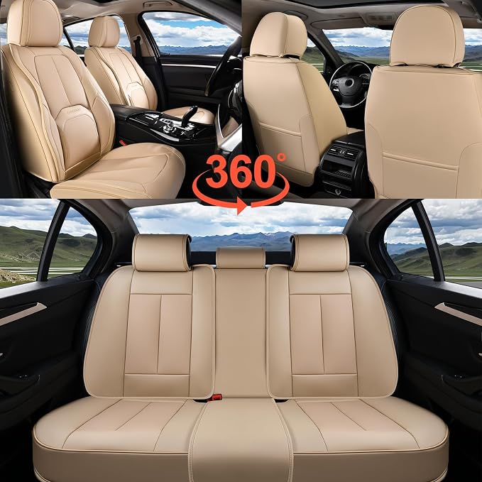 Coverado Car Seat Covers Full Set, Premium Nappa Leather Seat Covers for Car, Waterproof Car Seat Protector with Lumbar Support, Automotive Seat Covers Universal Fit for Most Cars SUV Truck(Beige) - Image 7