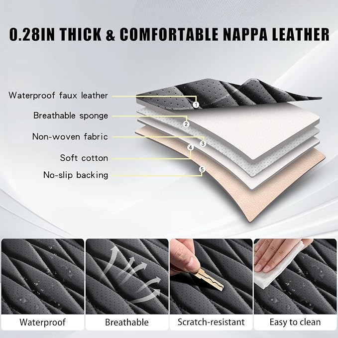 WELLDO Nappa Faux Leather Car Seat Covers Full Set, Black | Eazy to clean,Easy to install ,Waterproof, Non-Slip,Scratch-resistant, Universal Fit for Most Cars, SUVs, Pickup Trucks - Image 4