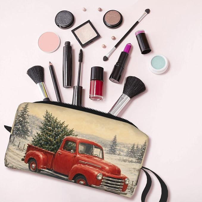 Vintage Red Truck in Snow Makeup Bag for Women, Cosmetic Pouch | Double-Sided Vintage Red Truck Cosmetic Organizer with Foam Padding for Women, Travel, Gym, School, and Daily Storage - Image 6