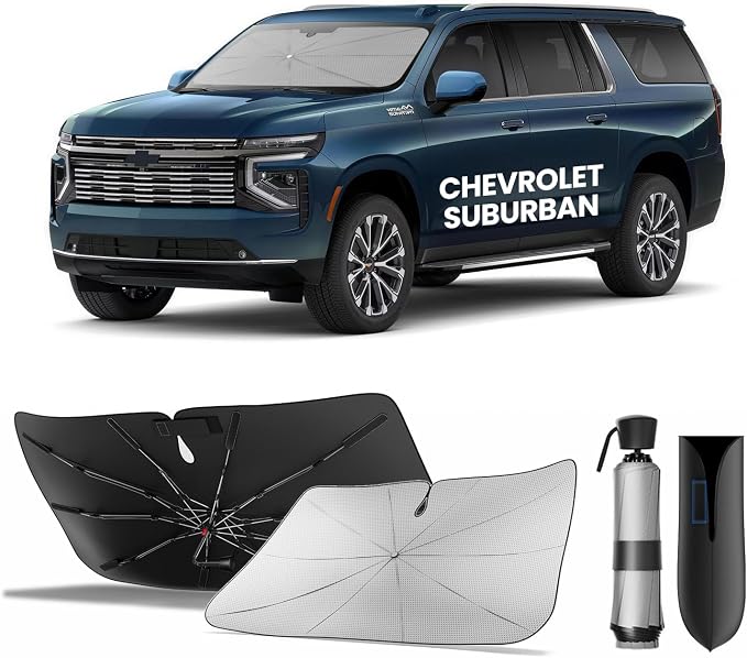 Zanch Windshield Sun Shade Umbrella: 1:1 Custom Fit for Chevrolet Suburban 2015-2026 [99% UV Protection, Up to 75℉ Cooler] Reflective Heat Shield, Built to Last, Foldable Front Sunshade Umbrella by Zanch