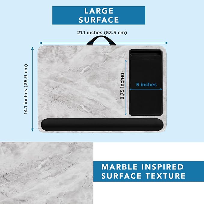 LAPGEAR Home Office Pro Lap Desk – White Marble, Fits 15.6” Laptops | Built-In Mouse Pad & Phone Slot, Wide Cushioned Wrist Rest, Dual-Bolster Microbead Cushion, Carry Handle - Image 5