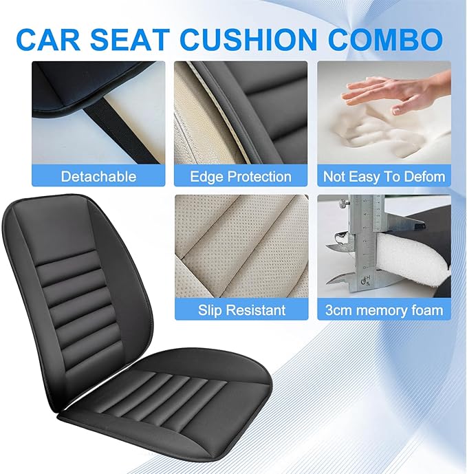 Car Seat Cushion with Back Support Pillow, 1.2'' Memory Foam, Black | Memory Foam Car Cushion for Long Driving, Truck, Office Chair, Tailbone and Lower Back Support - Image 3