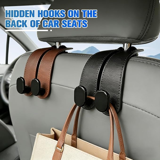 2PCS Car Seat Headrest Hook, Multifunctional Dual Hook Seat Back Purse Bag Storage Organizer, Auto Backseat Hanger Holder for Umbrella Grocery Phones, Universal for Vehicles (Brown) - Image 6