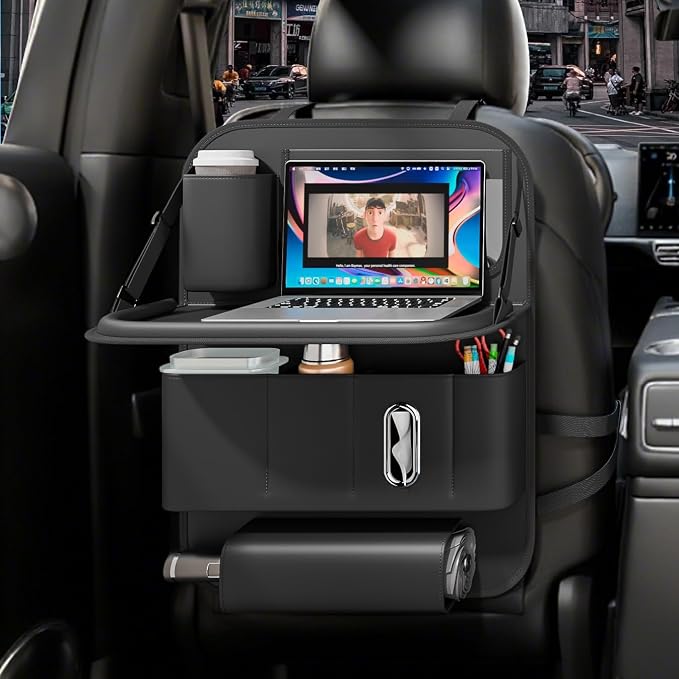 Backseat Car Organizer with Tray 1 Pack,Car Backseat Organizer with Foldable Table for Kids,Multifunctional Seat Back Organizer with Storage Pockets Car Storage Organizer (Black) by GMQ