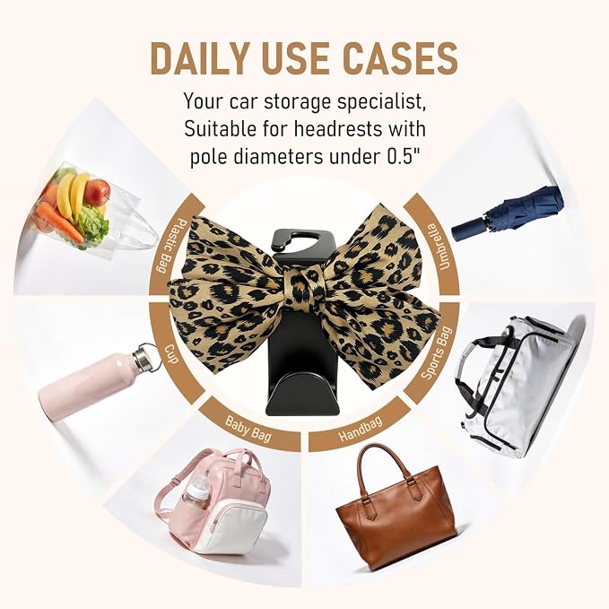 Bow Car Hooks for Purses and Bags, 2 Pack Cute Car Purse Hook, Universal Car Seat Headrest Hooks Bag Holder, Bow Car Accessories, Automotive Purse Hook Hanger Interior Decoration Accessories (Leopard) - Image 4