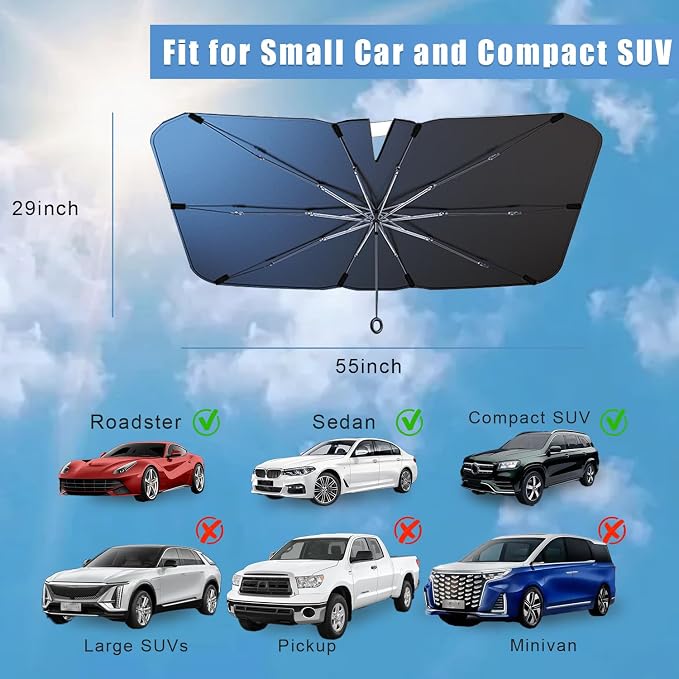 JDDRY Car Front Windshield Sun Shade with Pull Cord, Umbrella Sun Shade for Windshield, 2024 Sun Shades Cover for Small Car/Sedan/Compact SUV (140x74cm) - Image 2