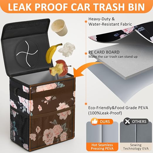 Vankor Car Trash Can with Lid Leak Proof Car Accessories for Women | 2.2 Gallon Cute Hanging Car Trash Bin for Men Car Truck Vehicle Sedan Interior Automotive Garbage Cans, Black Floral - Image 3