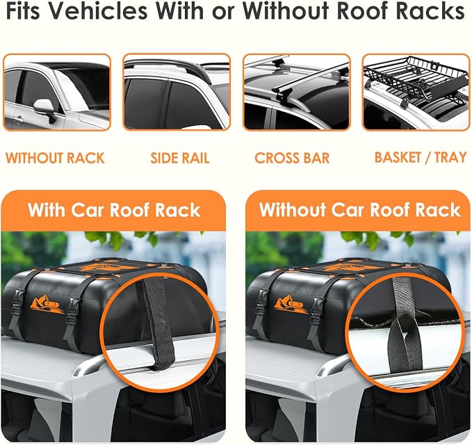Car Rooftop Cargo Carrier Bag 15-20 Cubic Feet, 100% Waterproof Heavy Duty Car Roof Bag for All Vehicle with/Without Racks - Anti-Slip Mat, 4 Door Hooks, Storage Bags (Orange, 15Cu.Ft) - Image 4