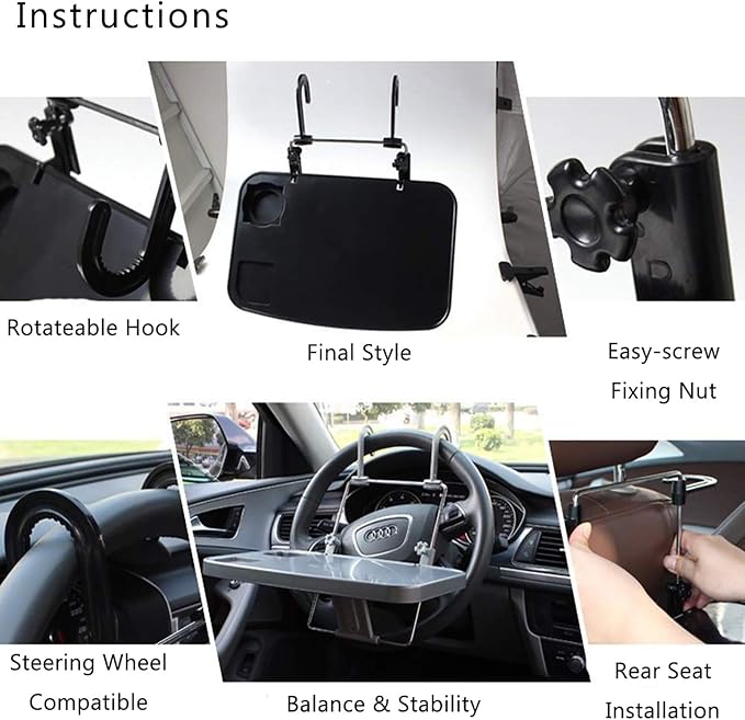 XINDELL Steering Wheel & Car Seat Tray - Universal Foldable Desk for Laptop, Food, Cup Holder - Portable Car Food Tray for Drivers, Kids, Road Trips - Fits All Vehicles - Image 5