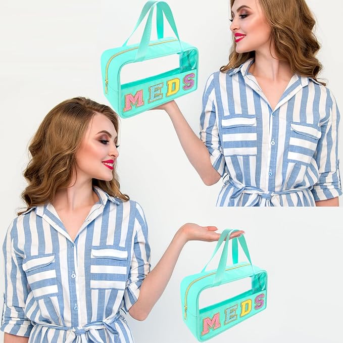 Bunliuys Chenille Letter Clear Makeup Bag Meds Patch, Travel Toiletry Makeup Bag with Handle, Nylon Waterproof Makeup Bags clear cosmetic bag, preppy patch makeup bag for Women (MEDS-Mint Green) - Image 6