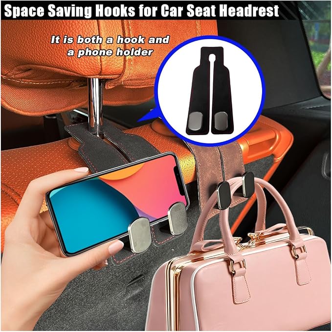 Car Seat Back Double Hooks for Headrest, Leather Car Back Seat Hooks for Purse and Bags, Upgraded 2 in 1 Purse Hook for Car Seat, Universal Vehicle Headrest Hangers for Car, Home (Black, 2PCS) - Image 4