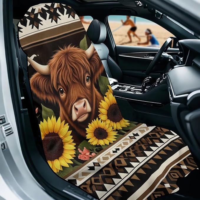 Aztec Highland Cow Car Seat Cover Highland Cow Sunflower Seat Towel Cover with Storage Bag Aztec Tribal Car Interior Accessories Sweat Auto Front Seat Towel Covers for Yoga Mat Universal Fit - Image 2