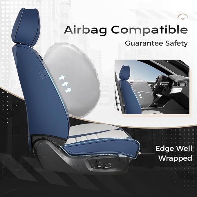 Coverado Car Seat Covers Front, Seat Covers for Cars, Waterproof 2-Pack Car Seat Cushions, Leather Carseat Seat Protectors, Universal Seat Covers Fit for Most Sedans SUV Pick-up Trucks(Blue&White) - Image 5