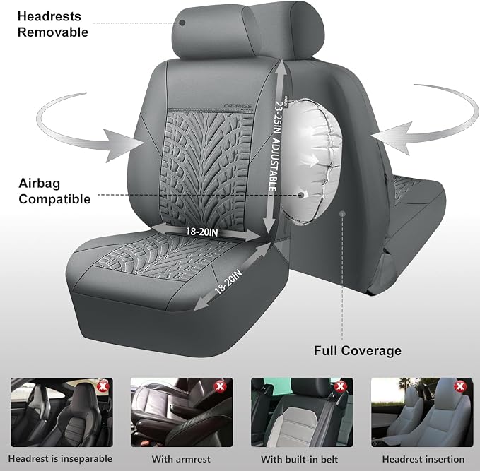 CAR PASS Neoprene Waterproof Seat Covers Full Sets, Wetsuit Car Seat Covers 5 Seats Universal Fit for Vans, Truck, SUV, 3D Tyre Embossed Seat Covers Anti Slip with Armrests, Aibag Compatible(All Gray) - Image 8